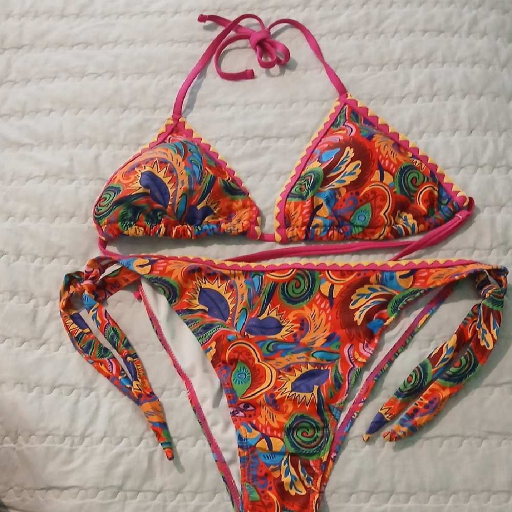 Vibrant Pink and Orange Bikini with Tropical Flair